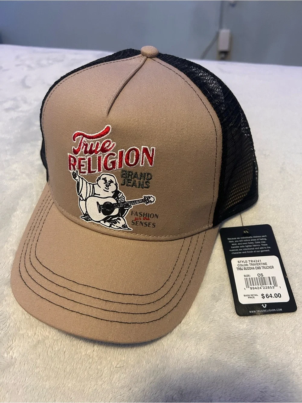 True Religion Tan and Black Mesh Logo Trucker Cap